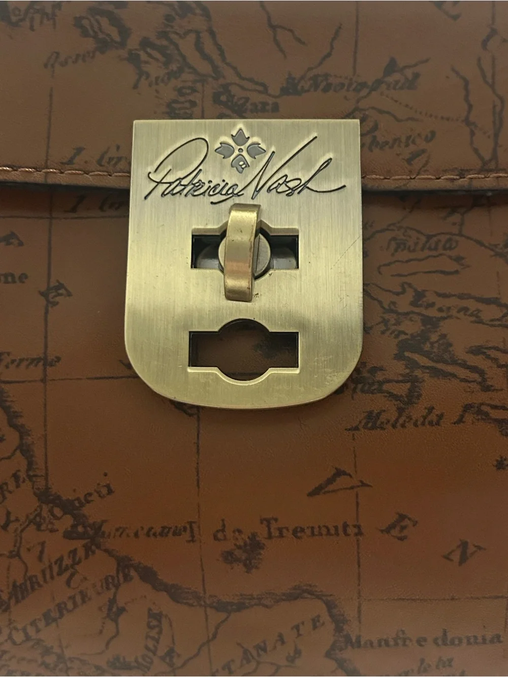 Patricia Nash Brown Map-Print Leather Satchel with Gold-Tone Lock
